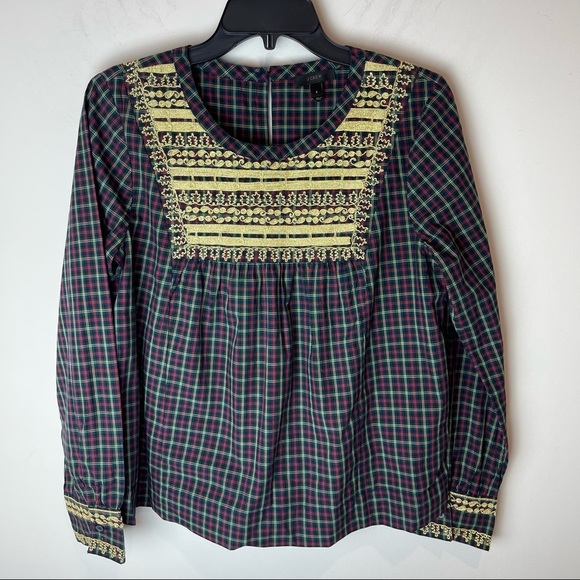 J Crew Embroidered Peasant Top Plaid - Size S - Picture 3 of 10